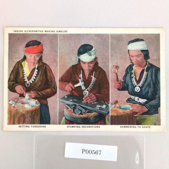 Indian Silversmiths Making Jewelry 1930s Linen Postcard 1942 Native Americans - Picture 1 of 2